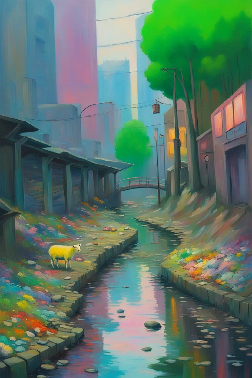 painting of a cyberpunk colourful natural walkway rubbish on the street in the city with pollution and a small bridge by a creek with electric sheep and androids by monet