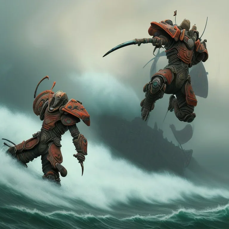 an ibis warrior in orange and green full battle armor, background of giant crashing ocean waves, a highly detailed illustration, realistic render, 8 k, micro detail, intricate, elegant, centered, digital painting, smooth, sharp focus, illustration, artgerm, tomasz alen kopera, peter mohrbacher, donato giancola, joseph christian leyendecker, wlop, boris vallejo