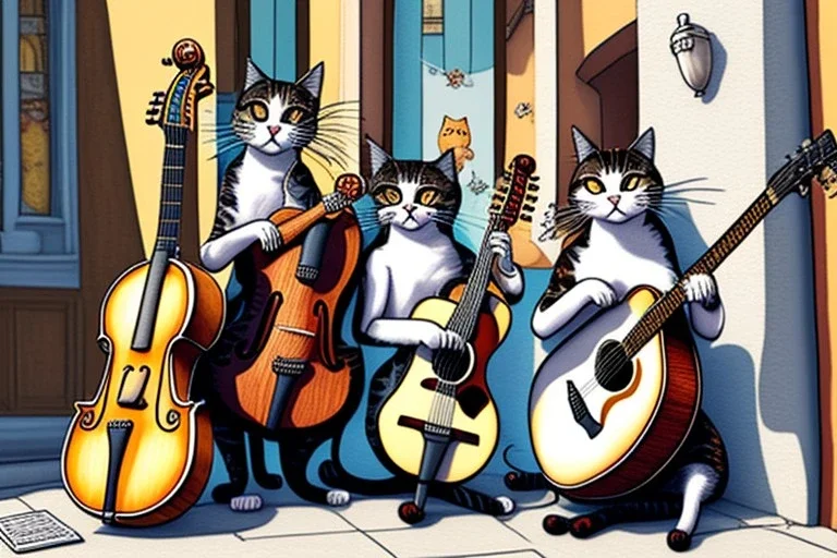 Group of three mature cats musicians, one cat playing guitar, one cat playing drums, one cat holding microphone and singing, singing, street, Vienna, smiling, sunny day, model style, hyper realistic, extremely accurate, delicate, extremely detailed, Graphic novel style, wide-angle, open aperture, superfine pencil