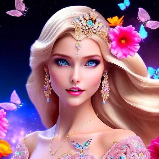 Full body Princess, woman blondie, make up,smile, beautiful place,amazing, flowers, colors, blue and pink butterfly, , realistic, photo real, stars night, detailed, high contrast, 8k high definition, unreal engine 5, extremely sharp detail, light effect, light background