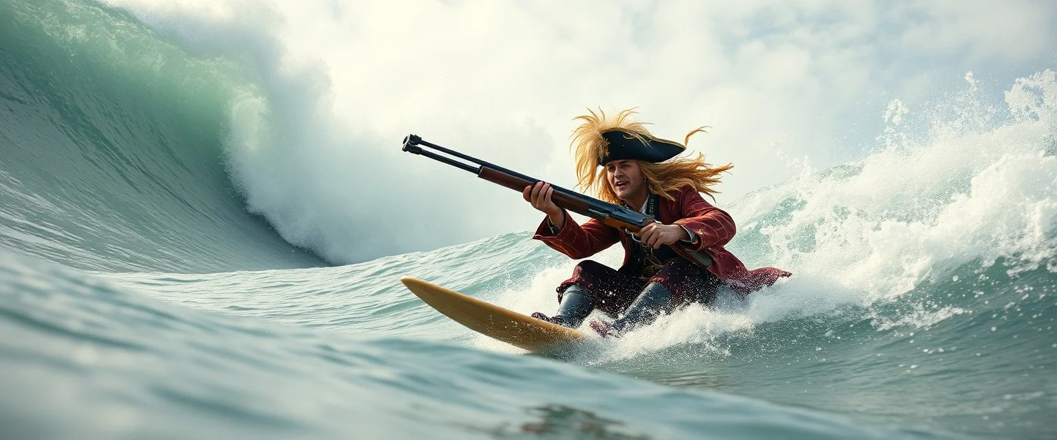 pirate shotgun mozart playing with his wig, looking hot and crazy on a surfboard on a big wave
