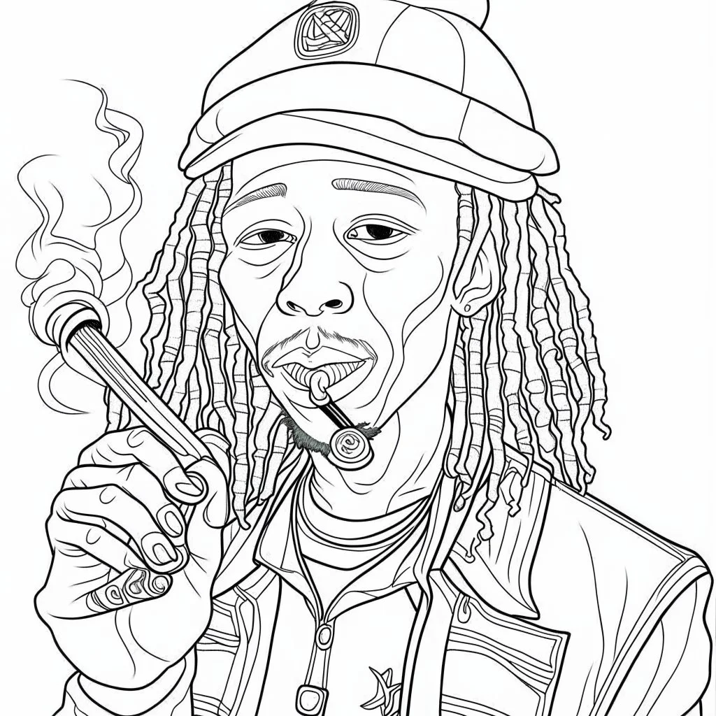 Coloring page for toodlers, with a cute rastaman smoking joint, very Bold outlines and white background, anime style, minimal number of elements, very simple