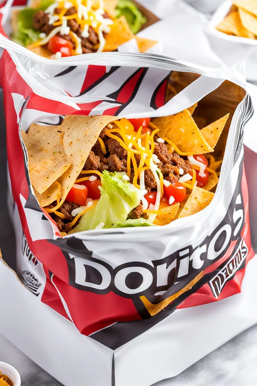 "Taco in a Bag" which consists of an open Doritos chip bag with sides rolled down, containing Doritos chips and cooked ground beef and lettuce and shredded cheese and chopped tomato pepper and onions and topped with more nacho chips, plastic fork, food blogger photography