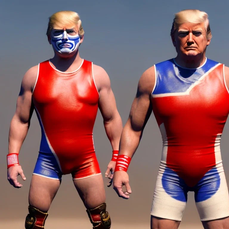 Realistic image of Donald trump wrestler, Mexican wrestling style, Mexican wrestling eyes mask, red and blue breeches, glow confederate flag dress, suspenders, retro style, 80s, vibrant color, highly detailed, sky background, concept art, unreal engine 5, god rays, ray tracing, RTX, lumen lighting, ultra detail, volumetric lighting, 3d, finely drawn, high definition, high resolution.