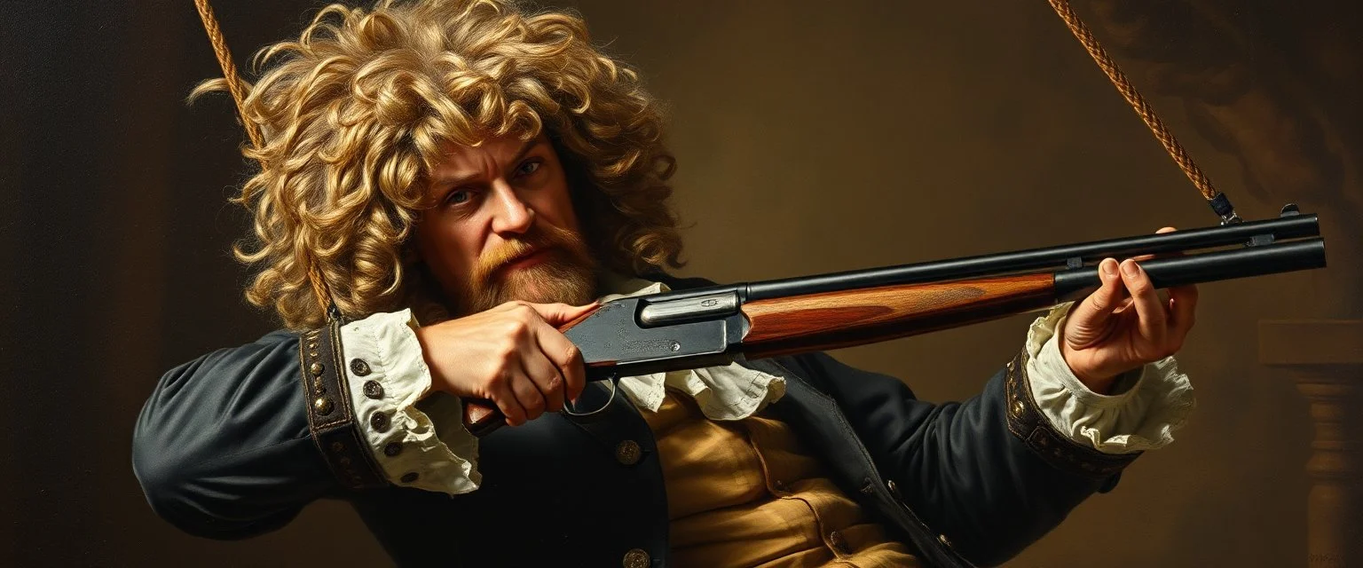 master oil painting by Rembrandt, shotgun mozart with wig, looking hot and crazy in a swing