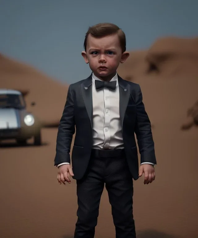 James bond toddler, full body, gun, car, dramatic lighting, hyper realistic