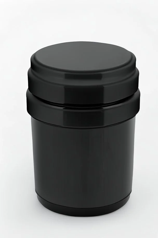 black container, plastic, realism, with screw lid, no labels, round container