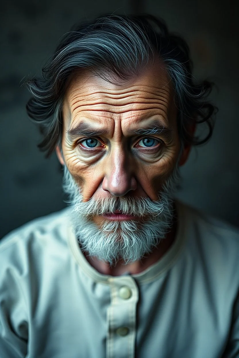 A young women old man image, randomised, depicting illusion, the Impossible, nonsense, the immaterial, intangible, and futuristic. Be wildly random in producing totally new ideas and images. Show me the deep scars inflicted on my soul and mind. Epic, cinematic.