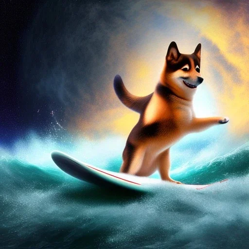 shiba inu surfing in space