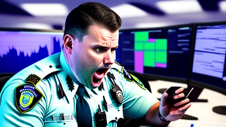 confused male cop dispatcher deals with evil virus hatching from the phone