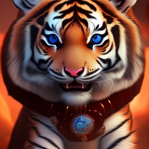 Gorgeous and lovely Chinese zodiac baby tiger. Its crystal ice hair is like Chinese ceramics, and it is as charming as snowflakes. super fine fur, black pupils eyes, whole body, Standing on the surging red agate sea, jewelry, complex details, movie lights, gold design, illusory engine, octane rendering,by Jordan Grimmer, high-definition aesthetic pictures, 3d rendering, virtual engine, very detailed --v 4