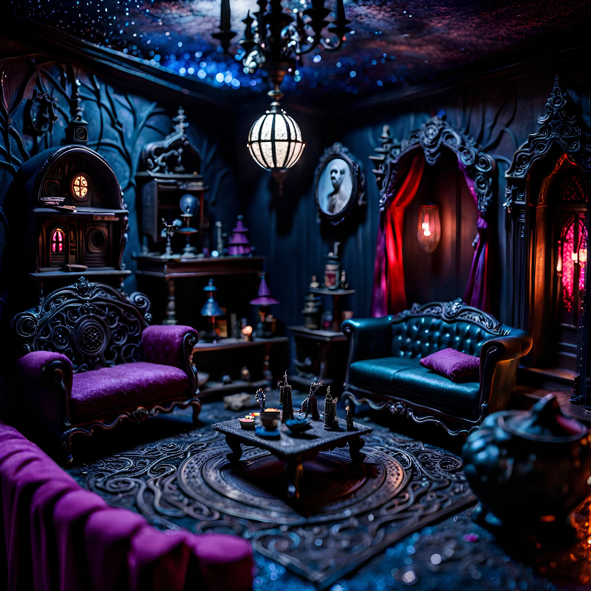 Detailed creepy living-room made of modeling clay, haunted, very accentuated details, Tim Burton, strong texture, extreme detail, Max Ernst, decal, rich moody colors, sparkles, bokeh, odd