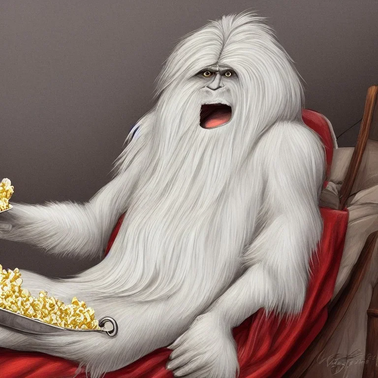 Legendary Yeti with long white hair lying on a sleigh bed watching TV and eating popcorn, clear and healthy body anatomy, detailed drawing elements, artwork, full HD painting, 8K