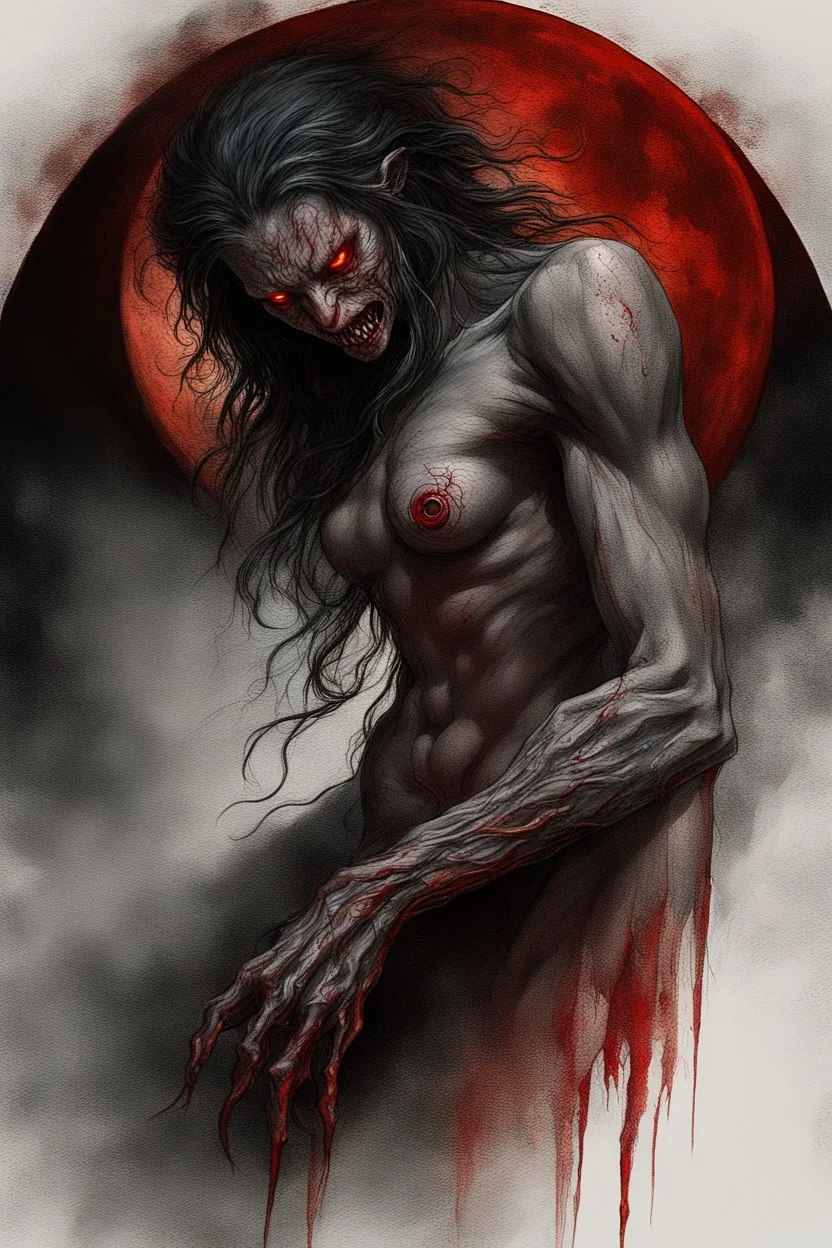 A dramatic digital painting portraying a horror monster under the Red Moon, veins pulsing, claws of temptation visible, soul in turmoil. In the style of Luis Royo and Boris Vallejo, vivid colors, swirling brushstrokes, highly detailed, 8k resolution, surrealistic., juicy emotions, painting, gloomy fantasy, gloomy day, dark world, portrait, oil and graphite, wide strokes, a weaving frame around, by Ryohei Hase, Agnes Cecile, Raymond Swanland, Anne Bachelier