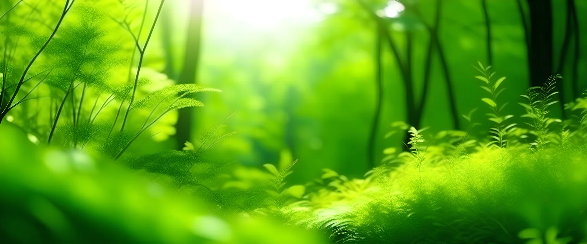 Defocused green trees in forest or park with wild grass and sun beams. Beautiful summer spring natural background.