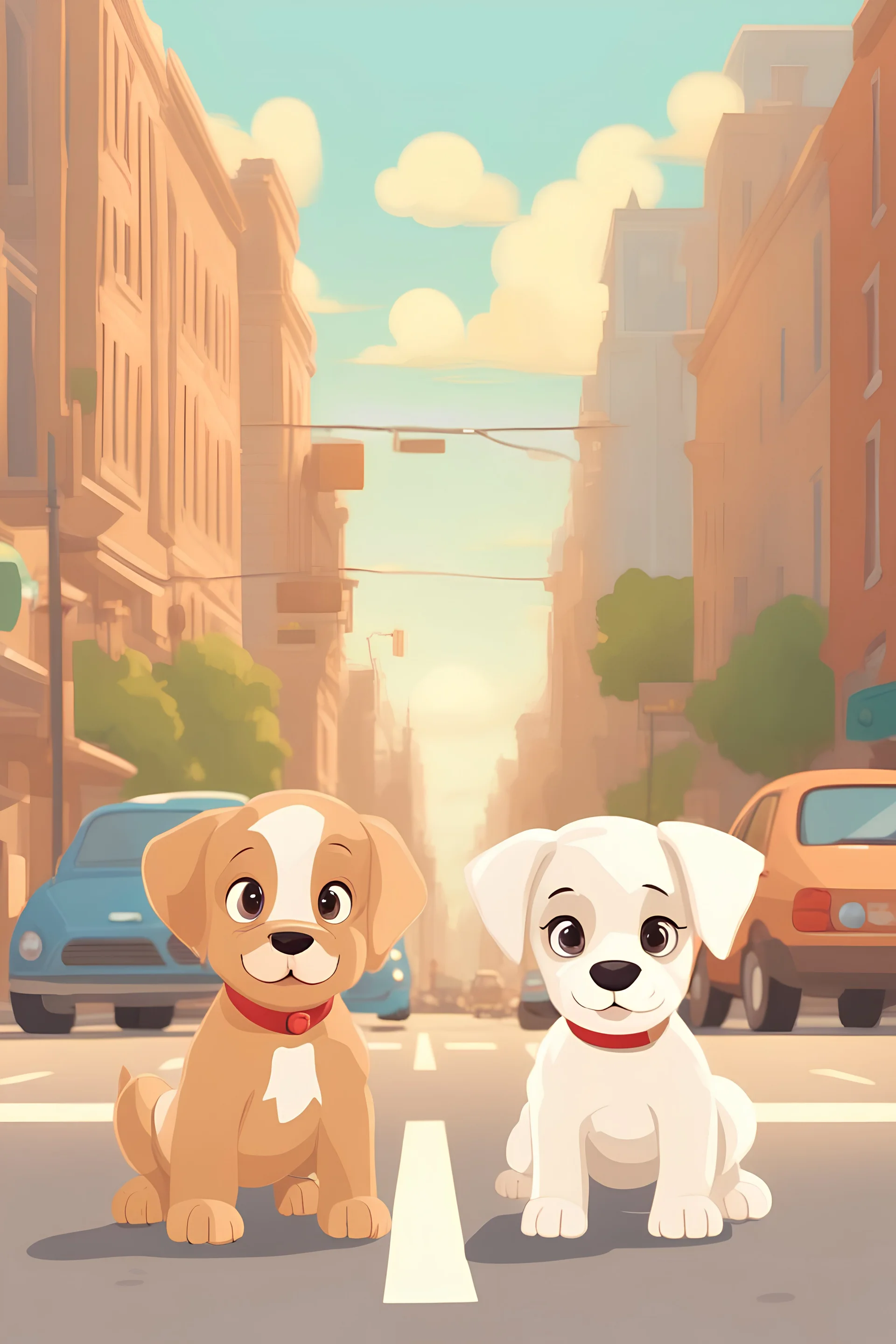 create an image of 1 light brown puppy and 1 white puppy together trying to cross the road in the town ; pixar style; daylight; bright colora