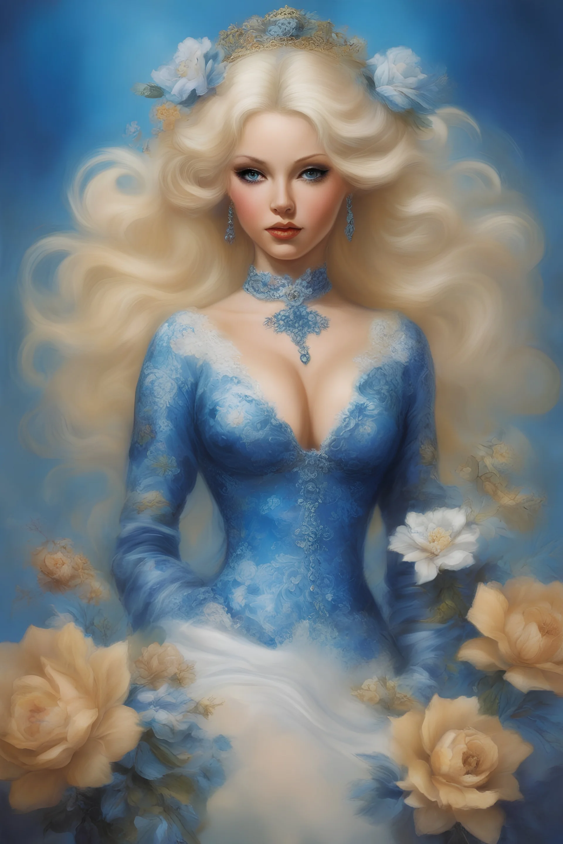 blue, large, woman, blonde, floral designs, atmospheric, beautiful, China Doll, Lap dog, in the art style of Boris Vallejo