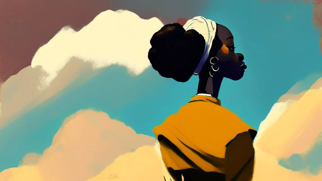 Design, African woman, oil painting, featureless, graphic, drawing without facial features, background, sky, traditional clothes, cartoon, looking left