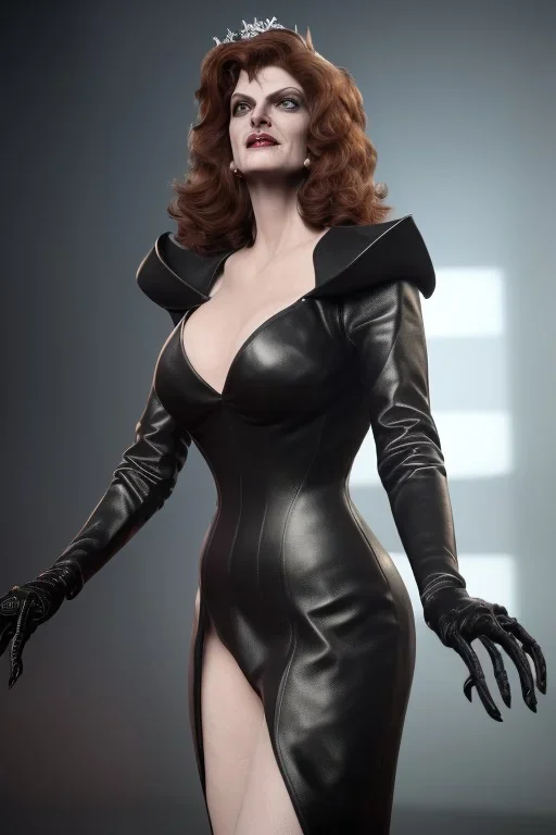 Rene Russo as evil queen in black leather gown, angry, busty, curvey, cleavage, unreal 5, octane render,cinema4d, dynamic lighting, dramatic lighting, 4k, redshift render, highly detailed, hyper realistic