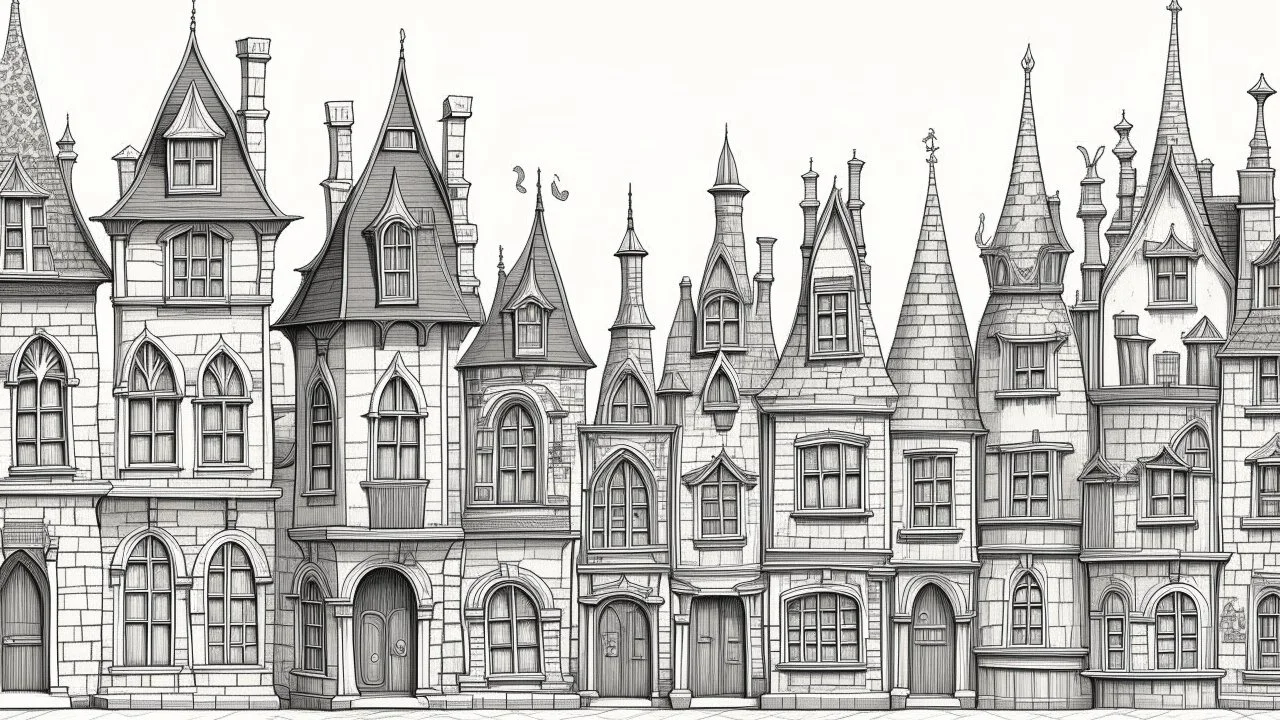 A highly detailed front elevation line drawing of a row of crooked fantasy houses, with twisted tall chimneys, rooms and floors added to sides and roofs, like Harry Potter's Diagon Alley.
