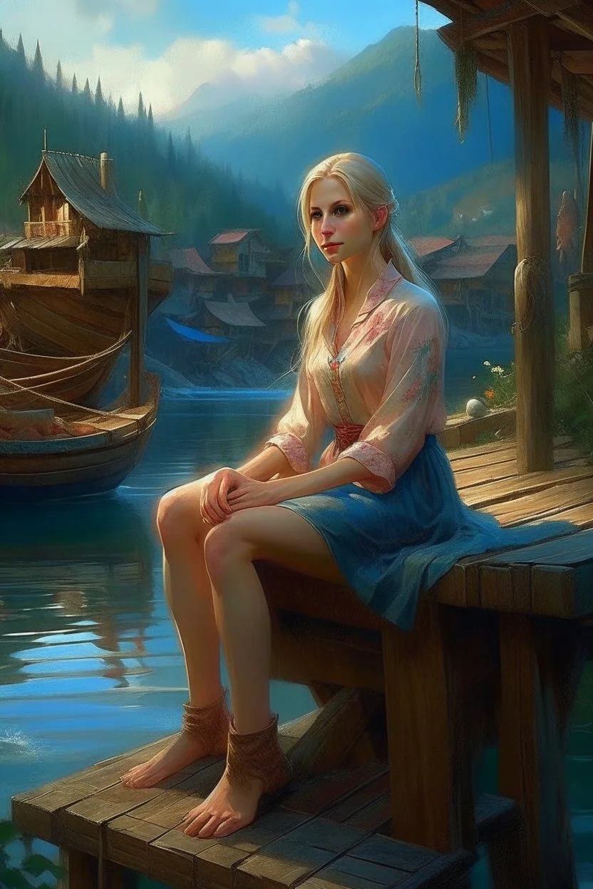 open shirt portrait of alluring fantasy (curve american woman-ex cam mode sitting on the river dockl))) (wearing simple short dress) in photorealistic quality in magical environment, (blonde features) ; highly stylized face and tail portrait fantastically intricate detailed extremely complex art masterpiece by Thomas Kinkade by Ismail Inceoglu trending on Instagram HARDWARE Photographic Art Direction WLOP 5 realistic body centered, beautiful face