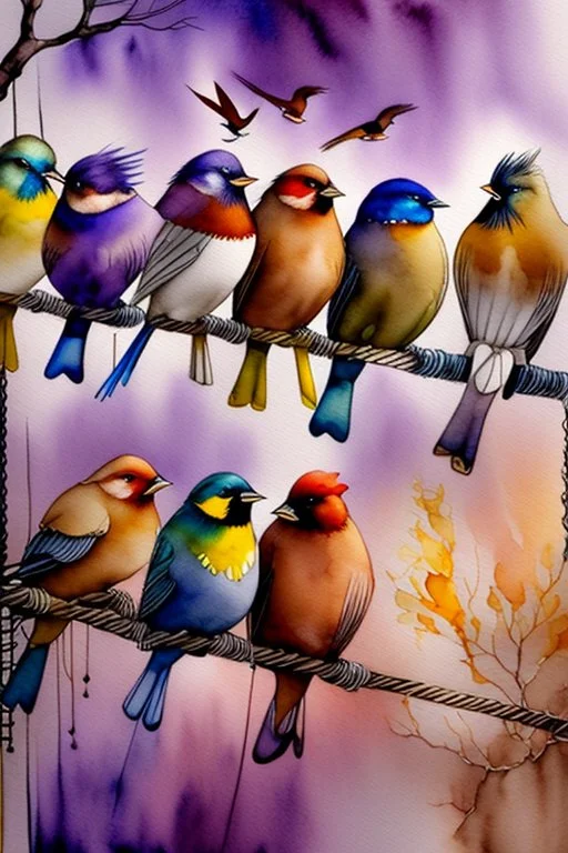 A captivating watercolor illustration featuring six exquisitely rendered birds perched gracefully on a wire. Each bird exhibits a unique color palette, from the rich browns and grays to the bold blues, reds, and yellows, culminating in the enchanting purple hue. The composition emphasizes the birds' side profiles, creating a dynamic visual effect. Their vibrant plumage beautifully contrasts against the pristine white background, resulting in a harmonious blend of nature and color that captivates