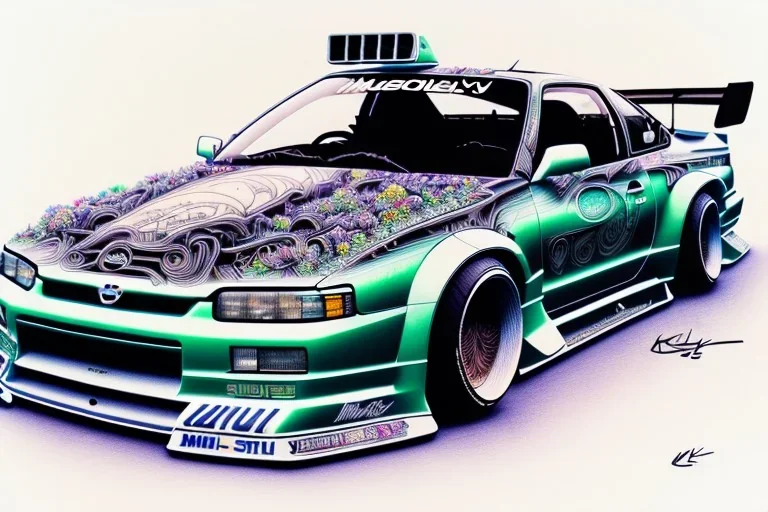 a true-to-life 1998 nissan silvia k's rocket bunny, centered, intricate, extreme detailed, photorealism, center view, city background, pivot on nissan, pen and color marker, painting by cheryl kelley