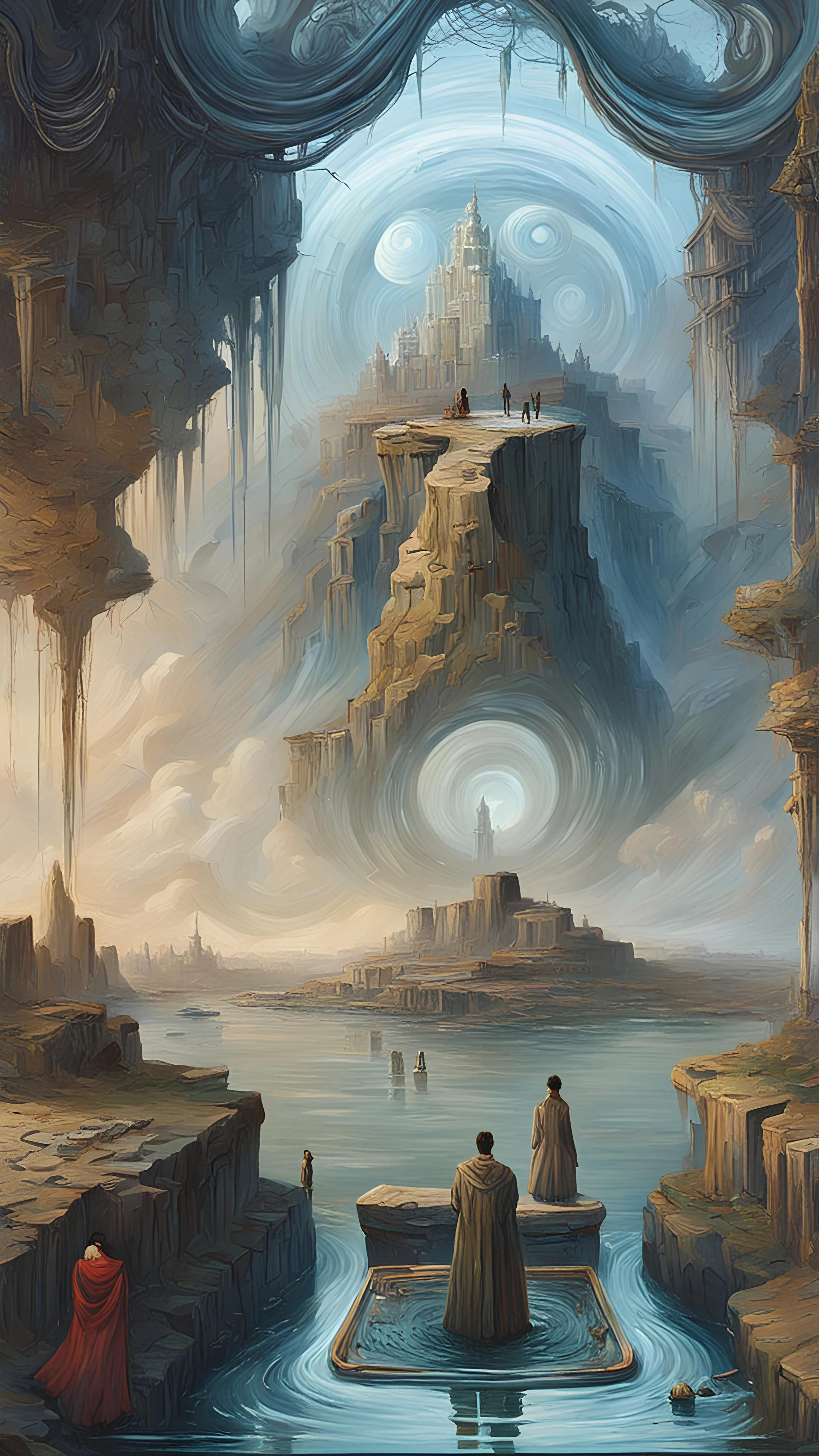 oil painting, flooded city, some small islands visible in the distance and there is a single human on each of them, seeing everything from a tall cliff