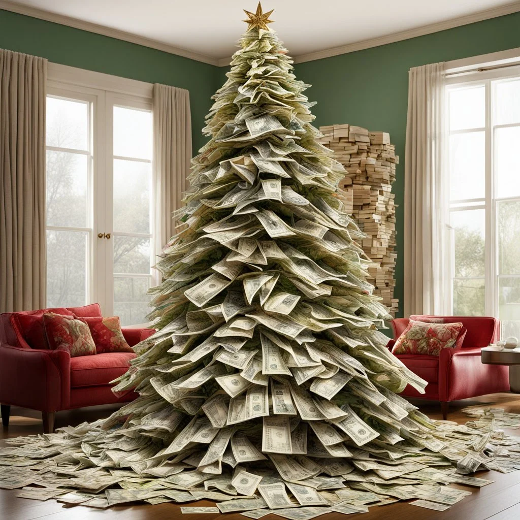 Weird Christmas Tree made entirely out of wads of rolled US paper currency, photorealistic, hyper detailed, sharp focus, HD max quality, concept art, by Cindy Sherman, background a suburban living room,