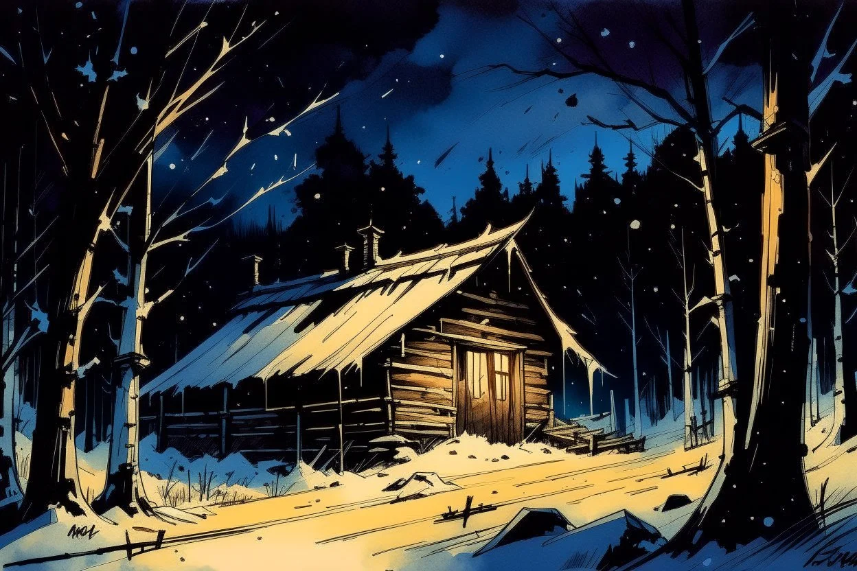 create in ink wash and watercolor of a rustic snowbound cabin at night surrounded by deep drifts and overshadowed by looming trees in the comic book art style of Mike Mignola, Bill Sienkiewicz and Jean Giraud Moebius, highly detailed, grainy, gritty textures, dramatic natural lighting