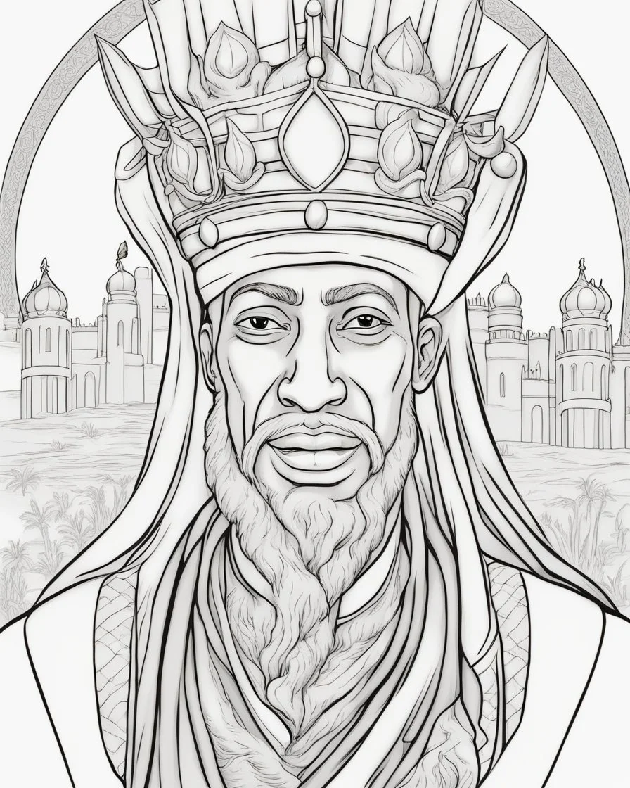 Outline art for coloring pages with mansa musa, white background, sketch style, only use black outline, white background, no shadows and well and clear outline