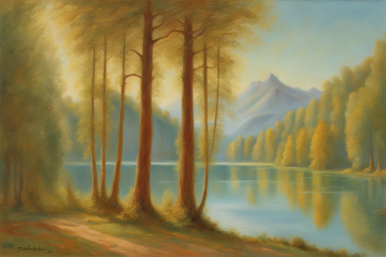 sunny day, lake, trees, sci-fi, mountains, galactic and trascendent, cosmic influence, friedrich eckenfelder and hans am ende impressionism paintings