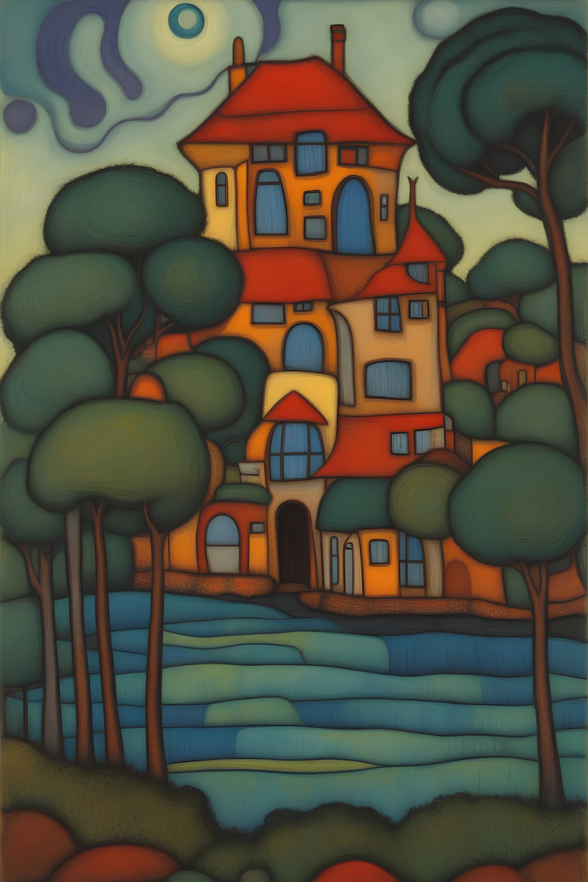 The house nestled by trees near the cerulean sea; Post-Impressionism; Hundertwasser.