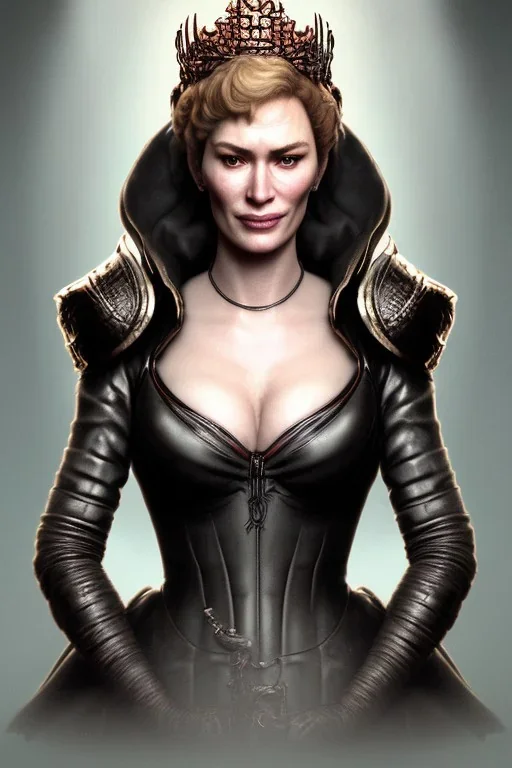 Cersei Lannister as evil queen in black leather, busty, cleavage, voluptuous, lena headay, angry, stern look. character design by cory loftis, fenghua zhong, ryohei hase, ismail inceoglu and ruan jia. unreal engine 5, artistic lighting, highly detailed, photorealistic, fantasy