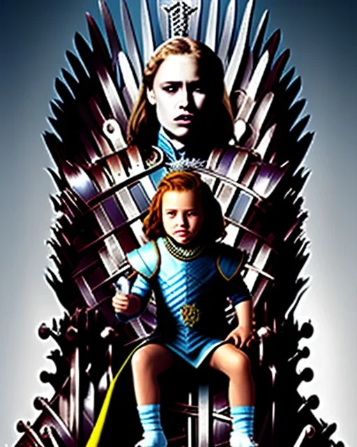 A young vampire girl sitting on a great iron throne, realistic