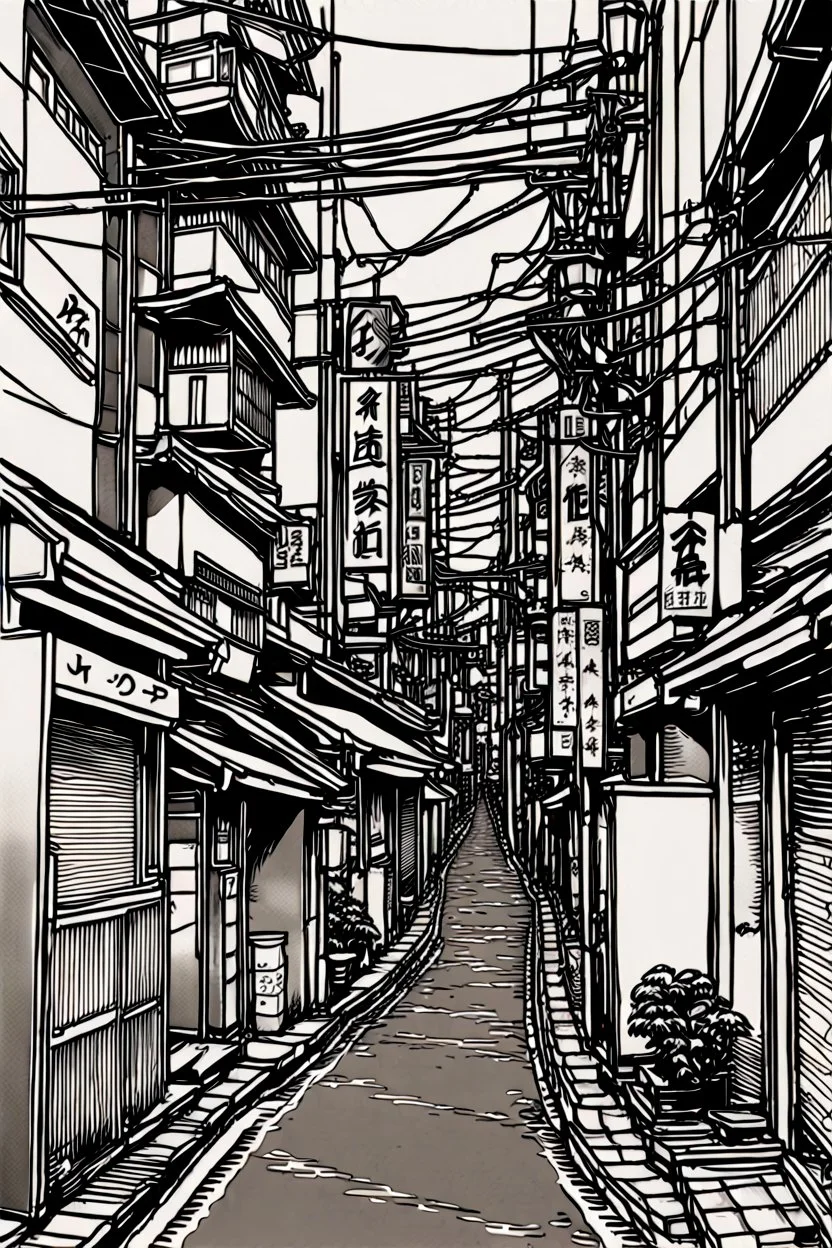 Tokyo alleys, greyscale, line arts, fine line