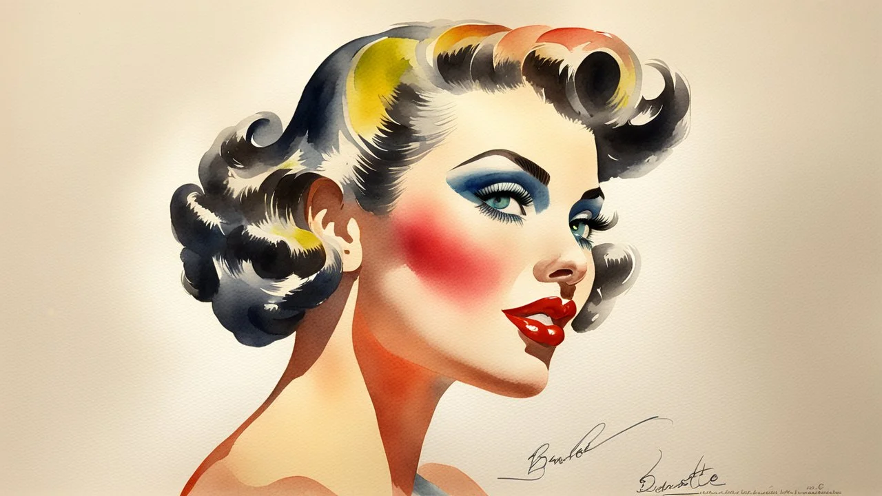 watercolor pin-up drawing, bright makeup, 1945 babette hairstyle, clear lines, fine rendering, 3D