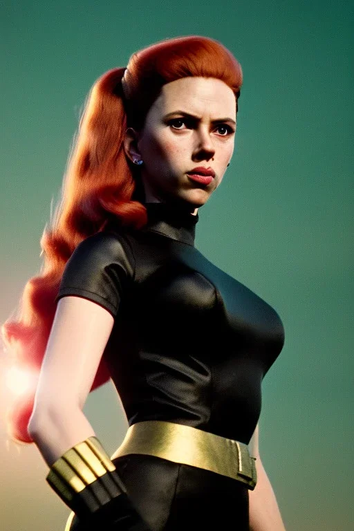 retro portrait image from 1960, sky background, wind, long red hair, fighting stance, sweet young Scarlett Johansson, black dress, classic long tight lycra black suit, gold bracelet and belt, high heel boots, superhero style, soft color, highly detailed, unreal engine 5, ray tracing, RTX, lumen lighting, ultra detail, volumetric lighting, 3d, finely drawn, high definition, high resolution.