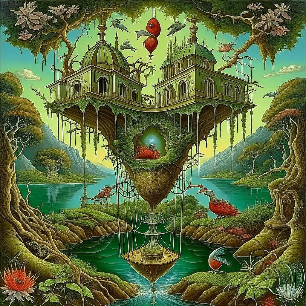 strange hanging garden, surreal meander style of Michael Cheval and Gerald Scarfe, eerie, smooth, trending on Artstation, 16k, intricate detail, hypersurreal.