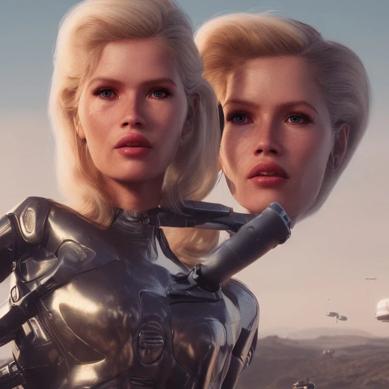 Ultra Realistic retro sci-fi movie scene, waist up view portrait, blonde woman pointing a gun, sweet young Claudia Schiffer face, perfect iris, glow eyes, makeup, weapon. Drones background, Retro sci-fi style, helmet, tight latex coat, fog, rain, soft color, highly detailed, unreal engine 5, ray tracing, RTX, lumen lighting, ultra detail, volumetric lighting, 3d, finely drawn, high definition, high resolution.