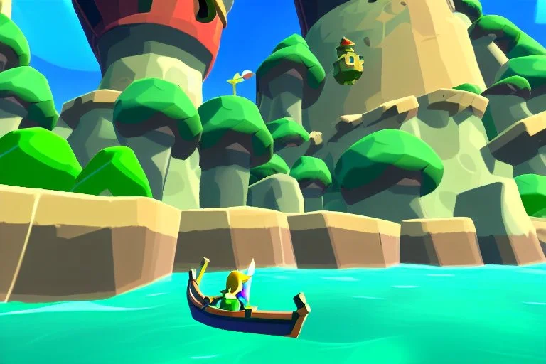 Legend Of Zelda: Wind Waker style view of a vast ocean, stylized, colorful, adventurous, no ships.