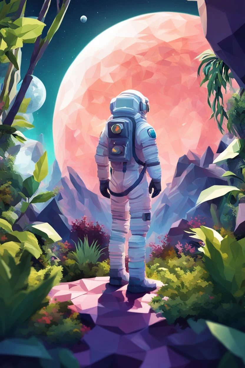 (((close midshot))), (((low poly art:2))), (astronaut), ultra-detailed illustration of an environment on a dangerous:1.2 exotic planet with plants and wild (animals:1.5), (vast open world), astronomer inspired, highest quality, no lines, no outlines candid photography.