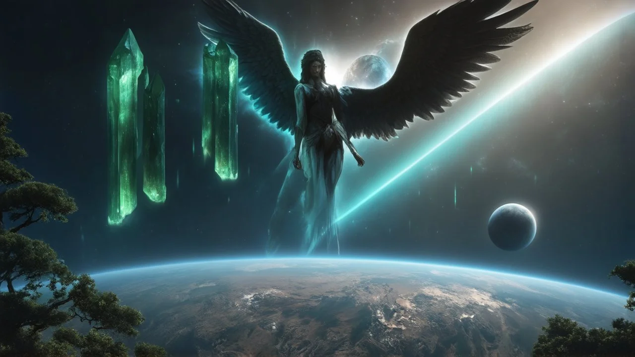 matrix universe, space, planets, god creation, angels from other dimensions with beautiful wings, trees on the planet, behind green crystals of light, few tiberium monolith deposits on the planet near tree,