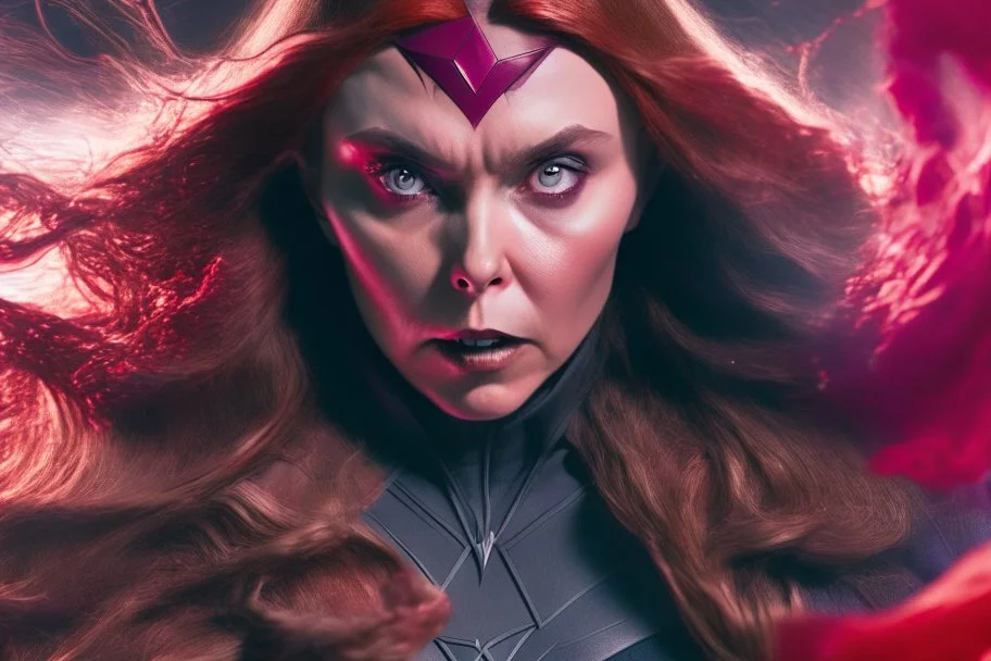 Mulher, feiticeira escarlate, rosto da atriz elizabeth olsen, rosto de wanda maximoff, cabelos ruivos, muito brava, wanda Marvel, expressão de raiva, 4k render, vilã, voando, imagem de longe, manipulando magia, raiva, corpo inteiro, olhos marcantes, mãos atirando magia do caos vermelha, cidade de destruição, cores frias, cinematográfico, dramático. Traje da wanda inspirado no filme doutor estranho no multverso da loucura da marvel, saindo magia de suas mãos, voando pelo céu e a destrui�