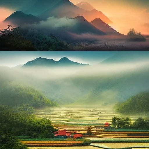 incredible, stunning japanese rice fields with wood shanties, mountains in the distance, colorful morning sky and mist, 8k, high-quality, ultrafine-detail, intricate, detailed matte, digital painting, artwork, brian froud, howard lyon, selina french, anna dittman, Wajima Ishikawa, Greg Rutowski