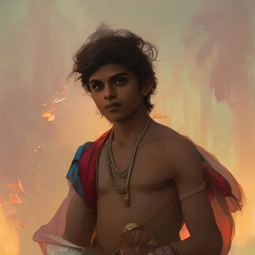 Indian mystical boy , cute, beautiful, cinematic, 8k, resolution concept art portrait by Greg Rutkowski, Artgerm, WLOP, Alphonse Mucha dynamic lighting hyperdetailed intricately detailed
