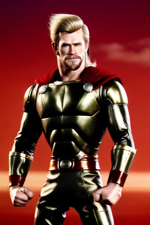 retro portrait image from 1960, sky background, wind, extra long blonde hair, fighting stance, young Chris Hemsworth, clean shave face, black dress, classic long tight lycra black suit, 2 steel disc in busty, big red cap, silver arms, gold bracelet and belt, high boots, soft color, highly detailed, classic comic Thor style, unreal engine 5, ray tracing, RTX, lumen lighting, ultra detail, volumetric lighting, 3d, finely drawn, high definition, high resolution.