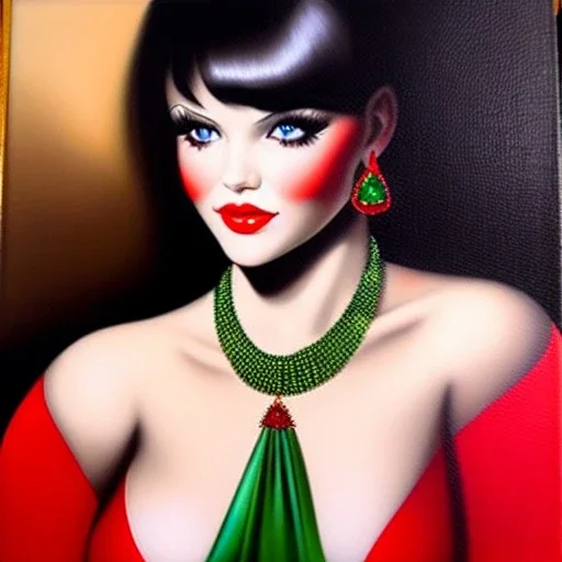 oil Portrait on canvas of busty beautiful young Vampirella with big crystal clear green eyes looking to viewer, with ruby necklace by Adam hughes 16k