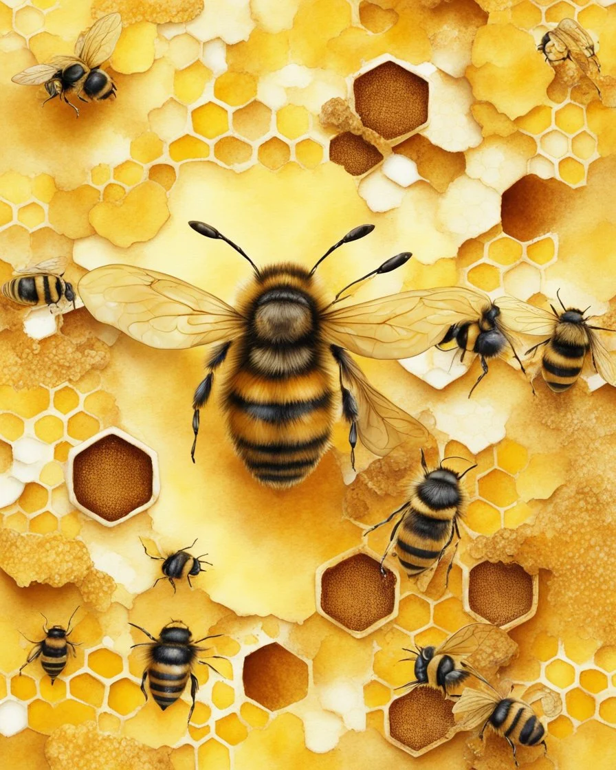 honey yellow background and honeycombs watercolor paintedhive bee and honeycomb on the yellow background, realistic photo