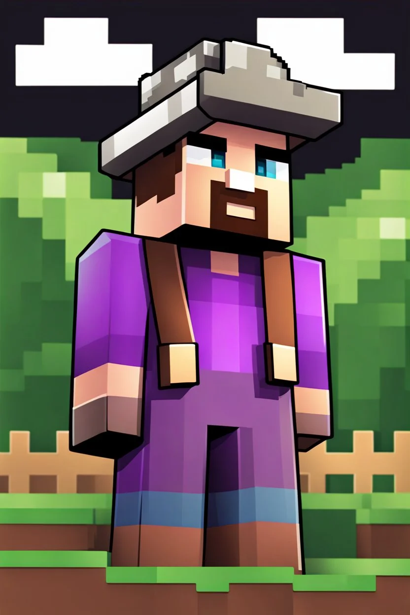 a profile picture of a purple Minecraft block face, cute, farmer clothes, 2d, large pixel style